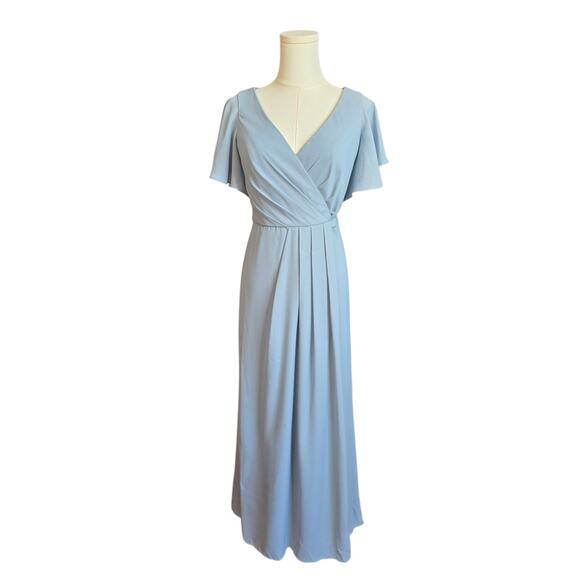 DAVID'S BRIDAL Dusty Blue Maxi Wrap Pleated Dress - Picture 2 of 9